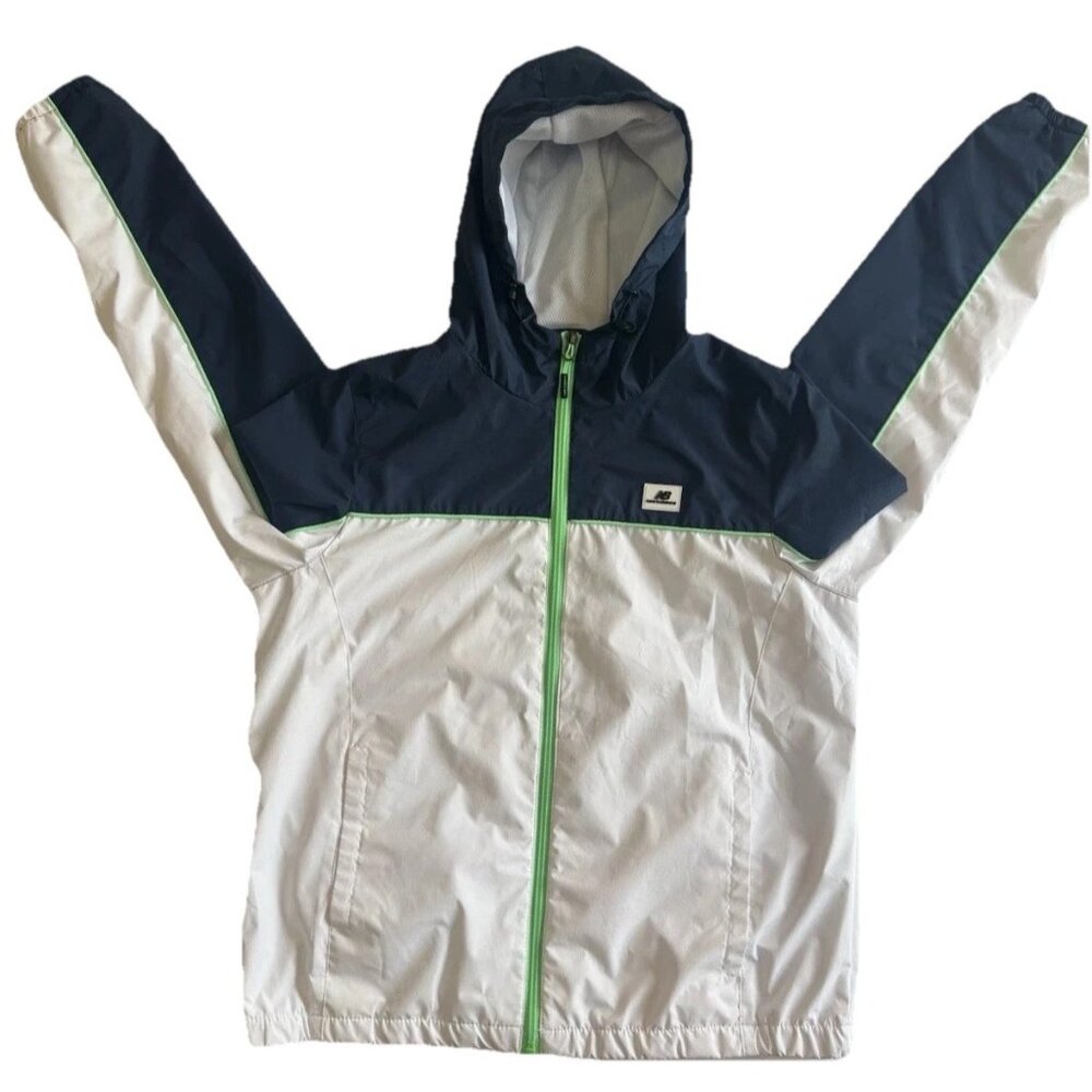 New Balance Windbreaker Jacket Mens M Hooded Blue White Green Full Zip